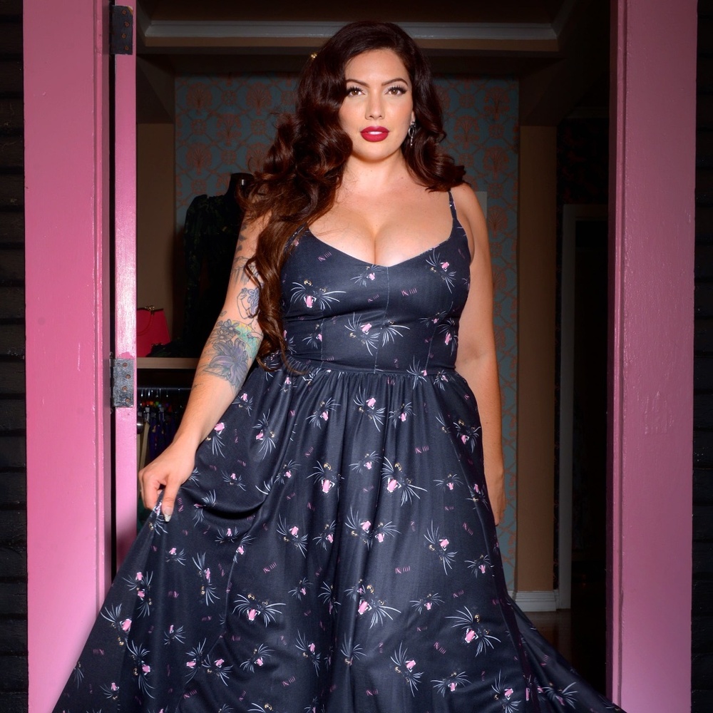 Pinup Girl Clothing Amalie Ballerina Daytime Maxi Gown in Hellcat Cat Print